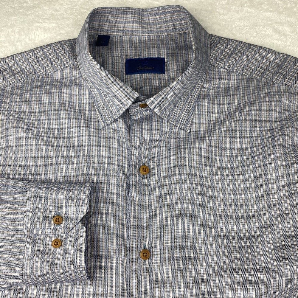 David Donahue Dress Shirt Men's XL Blue/Tan Checks Long Sleeves